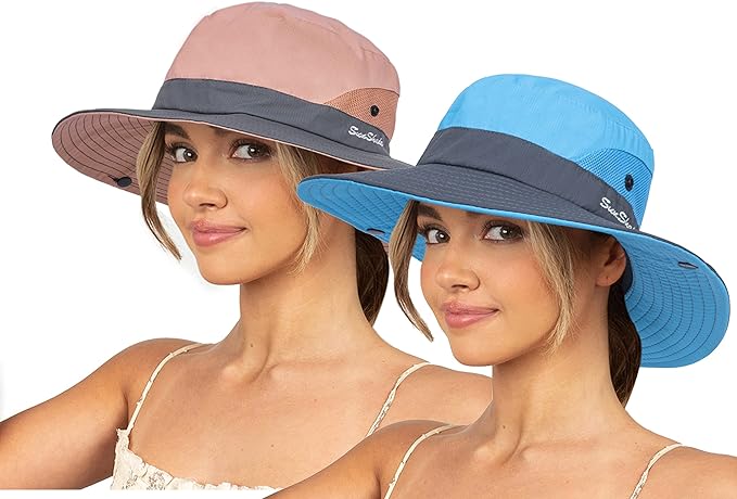 Sun Hat for Women Summer UV Protection Beach Hat Wide Brim Mesh Bucket Fishing Hat with Ponytail Hole Foldable Packable Hat