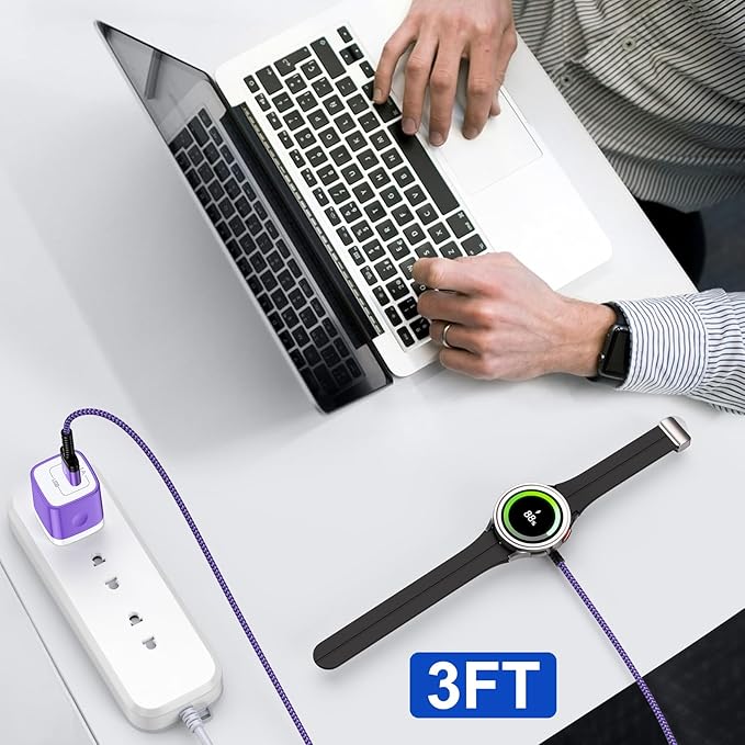 for Samsung Watch Charger Magnetic Fast Charging Cable Compatible Galaxy Watch 8/8 Classic/FE 7 Ultra/6/6 Classic/5 Pro/5/4/3/Active2,5 V 1A USB Fast Charger Adapter with 3FT Wireless Charging Dock