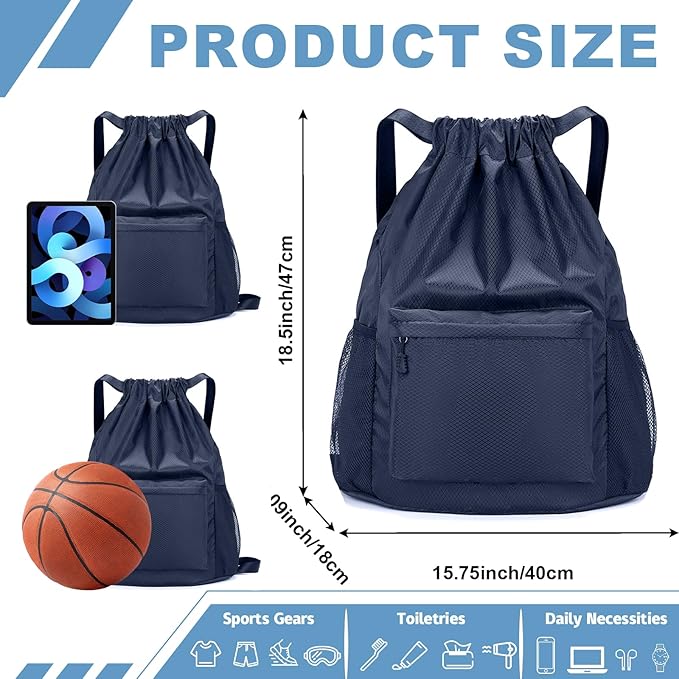 Tygelluis Drawstring Backpack, Waterproof Gym Bag with Water Bottle Pocket for Women Men, Pull String Sport Bag for Swim, Soccer and Basketball,Navy