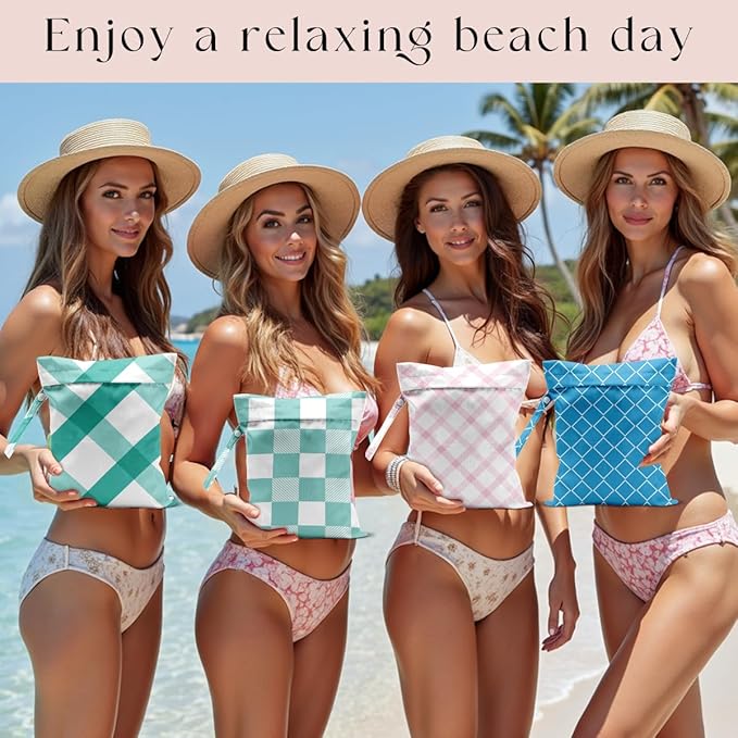 Wet Bag, 4Pcs Wet Dry Bag Set, Reusable Waterproof Bags with Preppy Plaid Prints for Women, Excellent for Beach Outings, Pool Sessions, Travel & Daily Storage