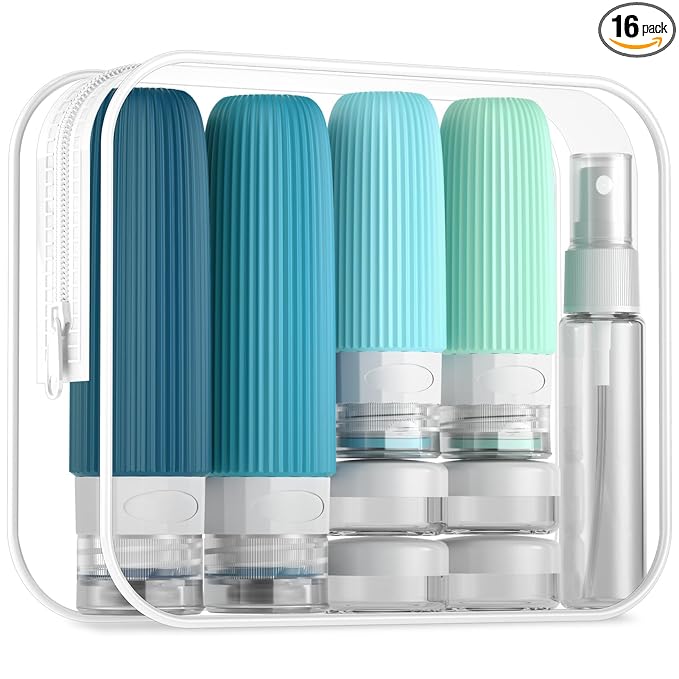 Mrsdry 16 Pack Travel Bottles Set, TSA Approved Leak Proof Silicone Squeezable Containers for Toiletries, Refillable Travel Accessories for Conditioner, Shampoo, Lotion & Body Wash Accessories