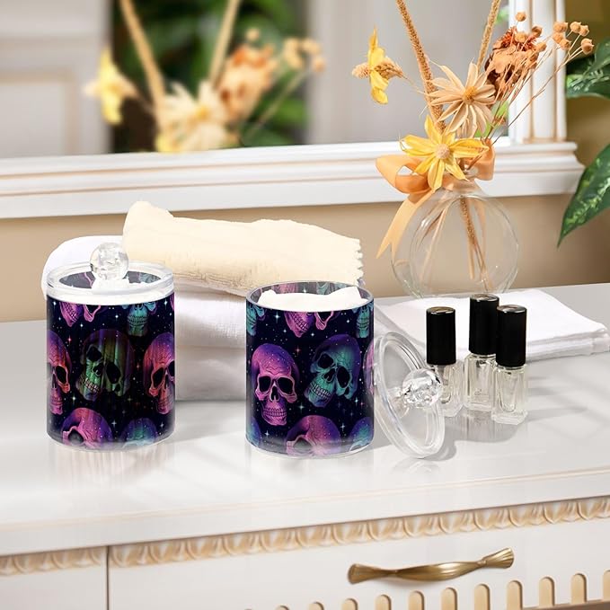 2 Pack Qtip Holder Organizer Dispenser Neon Skulls Bathroom Storage Canister Cotton Ball Holder Container for Cotton Pads/Swabs/Floss