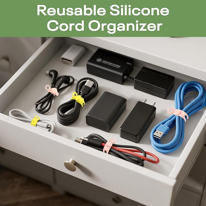 Silicone Cable Ties Reusable, 3Sizes Elastic Wire Ties for Bundling and Organization Cables, 6Colors Multipurpose Cable Straps, Cord Organizer for Appliances and Fastening Electrical Cords