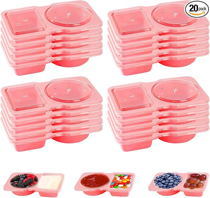 Snack Containers - Pink Portion Control Containers with Lids, Reusable Double Compartment Condiment Container for Take Out Sauce, Candies, Cookies (PINK)