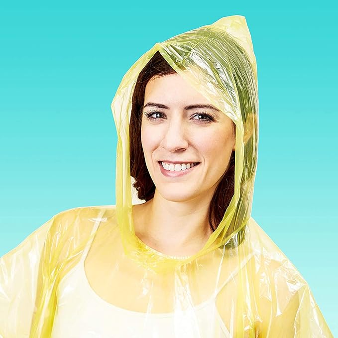 Juvale Rain Ponchos for Adults - One Size (50 x 39.4 In) Hooded Plastic - 5 Vibrant Colors - 20-Pack Disposable Ponchos Family Pack for Camping, Hiking & Travel