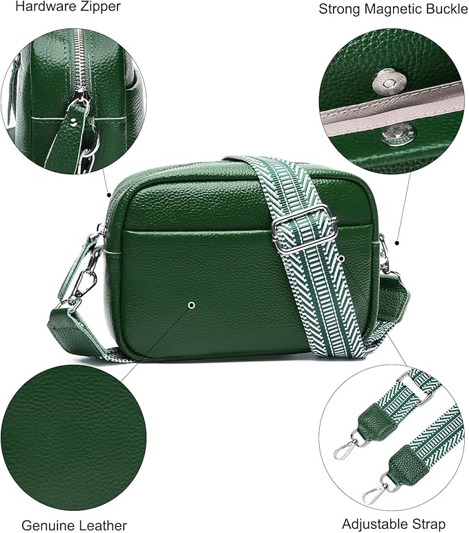 Small Crossbody Bags for Women Genuine Leather, Guitar Strap Shoulder Handbag Purse Camera Bag with Rfid Card Slots, Green