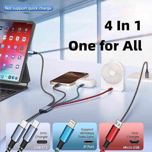 Dual Type-C Ports 4 IN 1 Multi Charging Cable Cord(5FT 3Pack), USB to USB C Cable for Multiple Devices, Travel Vacation Essentials Phone Charger Cord with iPhone 17/IP/Micro for iPhone 17-11/Android