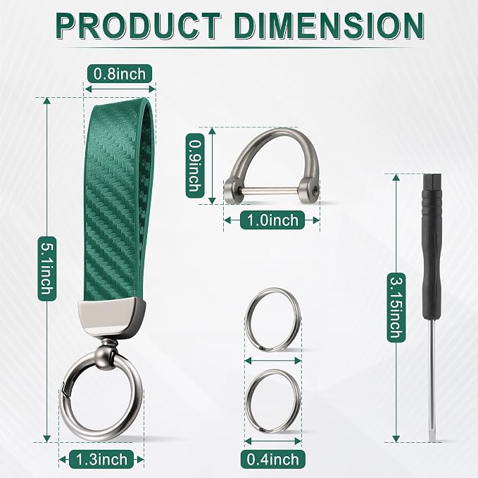JUSTTOP Leather Keychain, Carbon Fiber Car Key Chain with Anti-Lost D-Ring and 2 Key Ring, Keychain Wristlet, Car Accessories, Universal Keychain for Men and Women (Green)