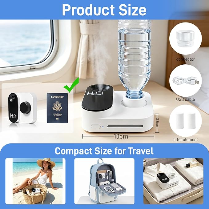 Cruise Humidifier Portable Humidifier for Travel – Whisper-Quiet Mini Humidifier Travel Humidifier for Cruise, Office or Car with Night Light, Auto-Off & 2 Mist Modes Water Bottle Humidifier