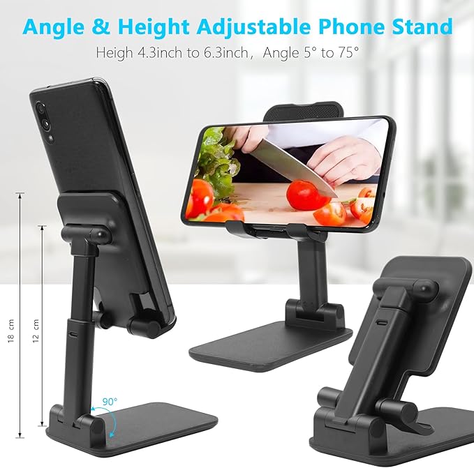 2 Pcs Folding Cell Phone Stand, Fully Adjustable Angle Height Phone Stand for Desk, Foldable/Portable Desktop Phone Holder Compatible with All Phone 14 13 12 11 Smartphones (Black and Black)