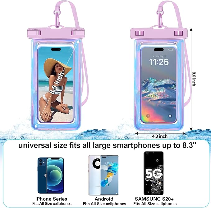 Famoby 4 Pack Iridescence Waterproof Phone Pouch, Cell Phone Waterproof Case Dry Bag,Protection Level: IP68,Beach Cruise for iPhone,Samsung,and More,Lanyard Included,(Fits Up to 8.3"),Iridescence