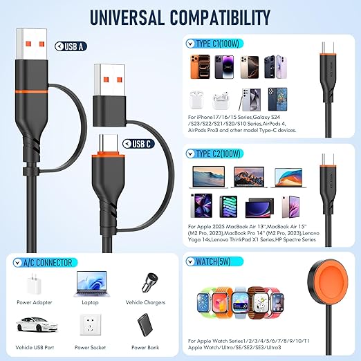 Travel Essentials 3 in 2 Multi Charging Cable 100W USB A/C to Dual USB C/for Apple Watch Charging Cable Silicone Fast Charge Compatible with iPhone 17-15 Series iPad MacBook, Type-C Devices 5FT-Black