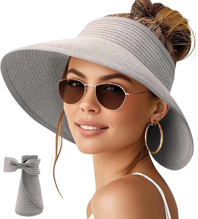 NPQQUAN Sun Visor Hats for Women Wide Brim Ponytail Straw Beach Hat Packable Foldable UPF 50+ Floppy Travel Hats
