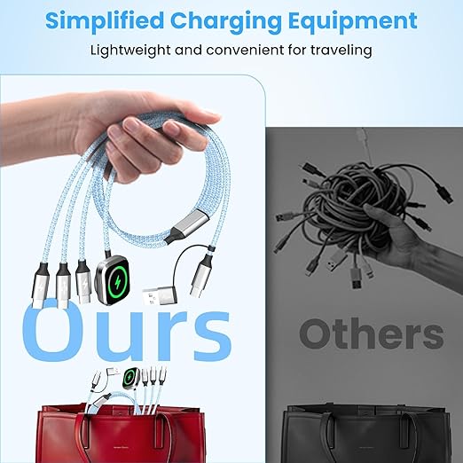 Travel Essentials Multi Charging Cable for iWatch Charger, 4in2 3XUSB C Cable Multiple Charger Cord, USBC Car CarPlay Cable Compatible with iWatch Ultra/11-1/iPhone 17-15/Galaxy S25-22, 5F Blue