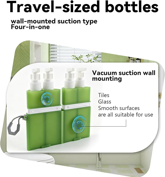 4 in 1 Travel Dispenser，Unbreakable Silicone Travel Dispenser Bottle, Vacuum Suction Wall Mounted Refillable Containers,Leakproof Toiletry Containers for Shampoo, Lotion, Baby Care-Green.