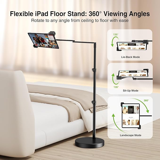 elitehood Diagonal Design iPad Floor Stand with Heavy Duty Base, 24in Horizontal Long Arm Tablet Floor Stand Holder for Bed Recliner Sofa, Compatible with iPad mini Air Pro 13/12.9 and 9-13in Devices