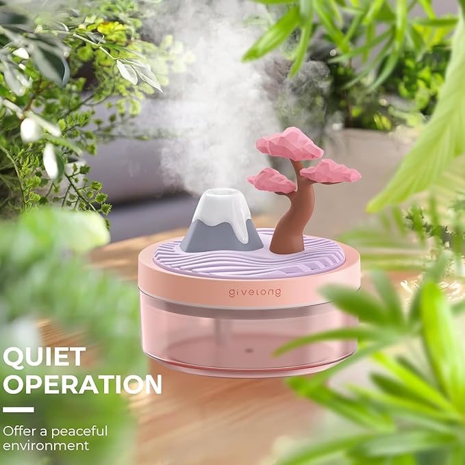 PRATIQUE Mini Portable Desktop Humidifiers for Bedroom,Small Humidifier with Cherry Tree,Quiet,Cool Mist, Auto Off,7 Colors Night Light,320ml Air Humidifier Home Office Travel(PINK) (PINK)