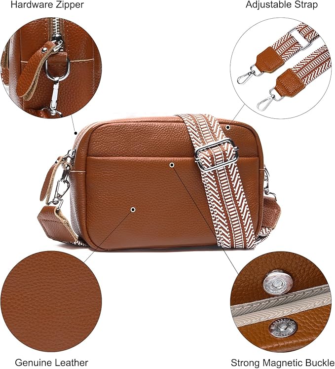 Small Crossbody Bags for Women Genuine Leather, Guitar Strap Shoulder Handbag Purse Camera Bag with Rfid Card Slots, brown