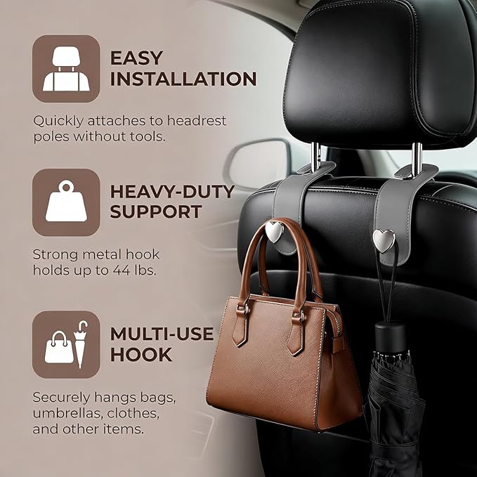 2PCS Car Seat Headrest Hook, Cute Heart Vehicle Backseat Purse Bag Hanger Organizer, Auto Seat Back Storage Holder for Groceries Coats Umbrellas, Universal for Vehicles (Gray)