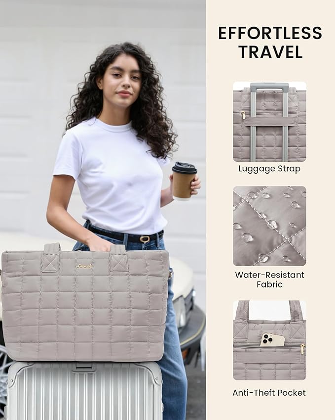 LOVEVOOK Laptop Tote Bag for Women, 15.6 Inch Large Puffer Work Computer Tote Bags for Teacher Nurse, Quilted Women's Purse Tote Shoulder Handbags with Zipper for Travel College Office Gym, Sandy