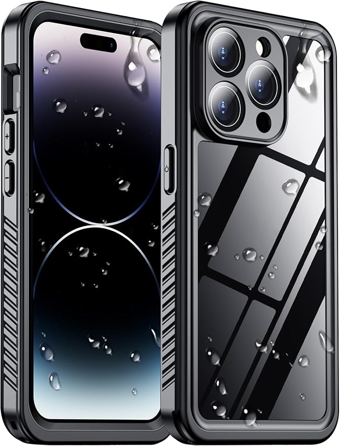 Compatible with iPhone 14 Pro Max Case Waterproof, Built-in Screen & Camera Protector IP68 Underwater Full Body 14FT Military Dropproof Shockproof Phone Case 6.7"-Black/Clear