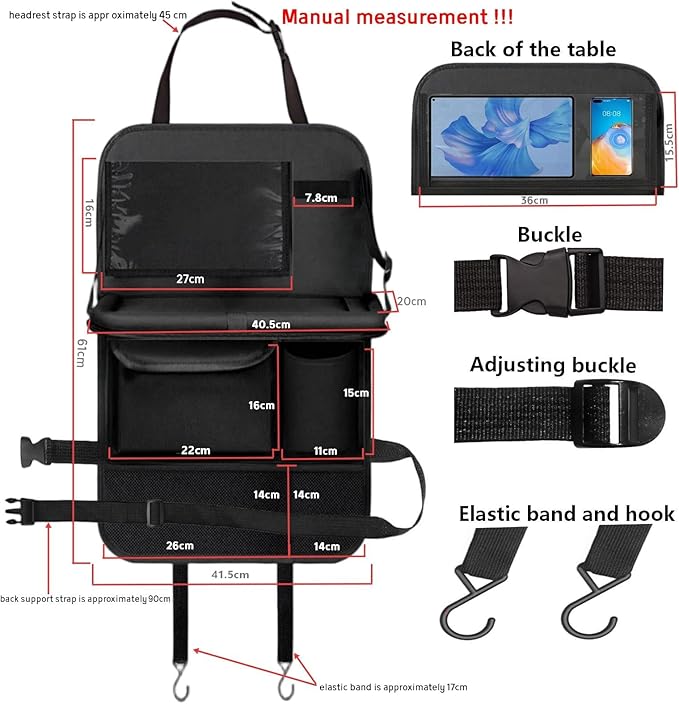TCJJ Car Seat Organiser, Car Organiser Back Seat for kids, Car Backseat Seat Kick Protector with Tray and Touch Screen Tablet Storage Pockets Black/2 Pack