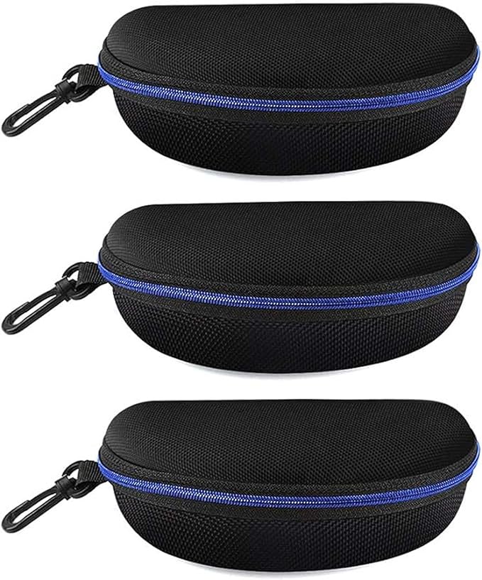3 Pack Zipper Shell Eyeglasses and Sunglasses Case with Plastic Carabiner Hook