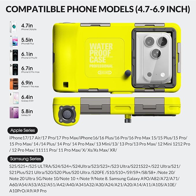 2026 Underwater Snorkeling Diving Phone Case for Phone 17/16/15/14/13/12Pro Max/Galaxy S26/S25/S24/S23.(50ft/15m) Professional Scuba Dive Waterproof Case Underwater Photo Video（Yellow）