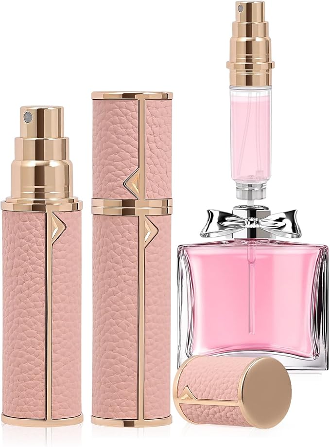 Refillable Travel Perfume Bottle – Fine Mist Atomizer, Bottom Fill, Genuine Leather Shell, TSA Approved, For Daily Refresh & Travel (Pink, 5ml)