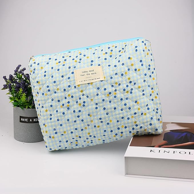 VIWIME Makeup Cosmetic Bag, Large Cotton Quilted Travel Coquette Aesthetic Cute Floral Make up Bag for Women Toiletry Bag Organizer (105- Blue Point / 2Pcs)