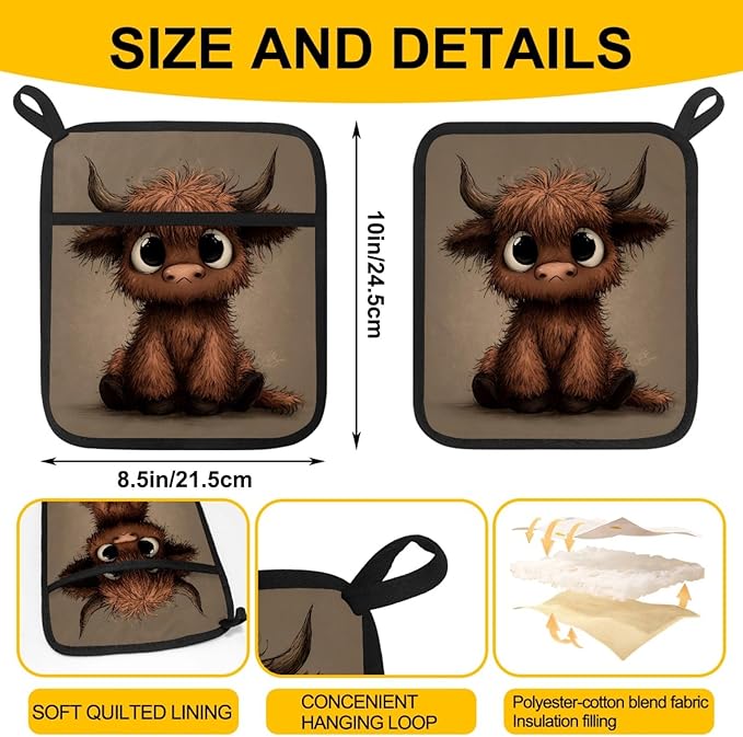 Brown Highland Cow Pot Holders with Pockets 2 PCS, Heat Resistant Oven Mitts Hot Pads for Kitchen Baking Cooking, Square Thick Pot Holders Kitchen Hot Potholders, 8.5x10 Inches