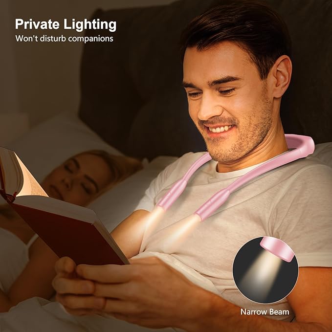Gritin LED Neck Reading Light,Book Light for Reading in Bed-Eye Caring 3 Colors, Dimmable Brightness, Bendable Arms, 80+Hrs Runtime, Neck Round Design, Lightweight for Crafting, Knitting-Pink