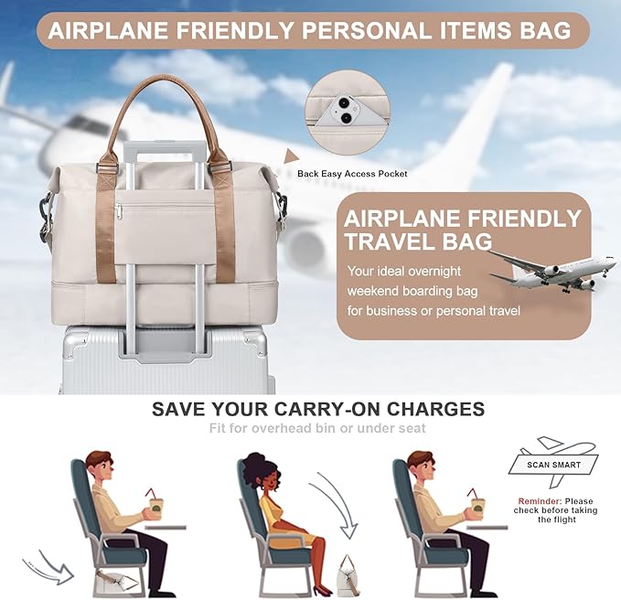 Weekender Bags for Women,Travel Duffle Overnight Bag with Shoe Compartment,Personal Item Carry On Bag,Beige & Brown,Extra Large,3 Pcs Set