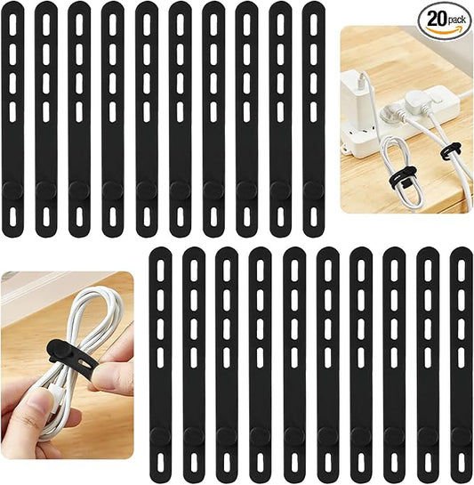 20 Pcs Black Silicone Cable Ties, Reusable Cable Straps Wire Organizer, Cable Management Cord Organizer for Fastening Earphone Phone Charger Home Office Desk Kitchen Appliances Cable Cords Wires