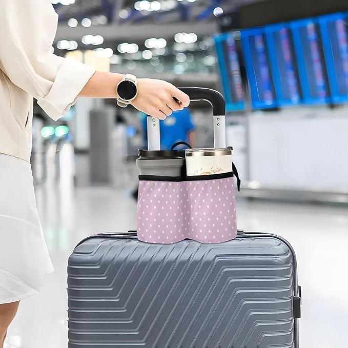 Luggage Cup Holder for Suitcases Free Hands Suitcase Cup Holder Travel Luggage Drink Holder Portable Luggage Cup Caddy Bag Carrier with Handle Pink Polka Dots