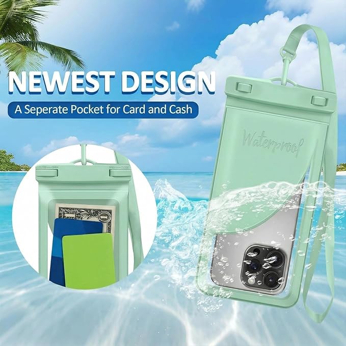 Waterproof Phone Pouch, with Interior Card Pocket, Large Waterproof Phone Case for iPhone 17 16 Pro Max, IPX8 Lightweight Cellphone Dry Bag, Beach Cruise Ship Essentials,1 Pack-Green-8.3″
