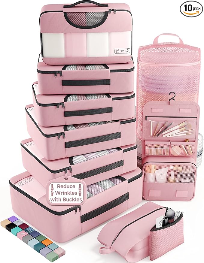Veken 10 Set Packing Cubes for Cruise Ship Essentials,Beach Vacation Travel Accessories with Hanging Toiletry Bag,Suitcase Organizer for Luggage,Personalized Birthday & Retirement Gifts for Women Mom