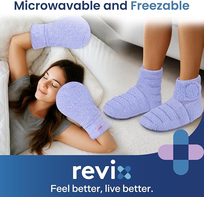 REVIX Microwavable Heating Mittens and Booties, Microwavable Feet Warmers and Reusable Hand Muff for Hand and Fingers, Foot Warmer for Women & Men, Cold Feet and Ankle Relief, Purple S, Set of 2