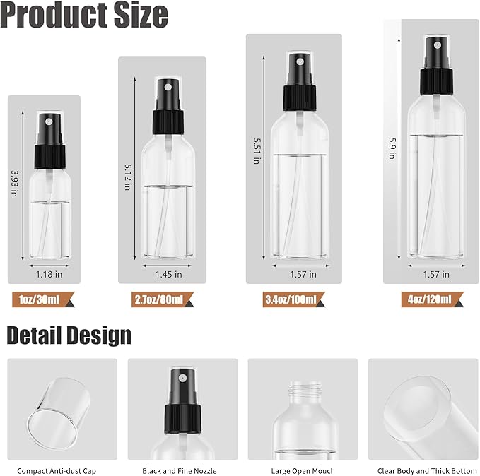 EPHECH 50PCS Small Spray Bottle, 4oz/120ml Travel Spray Bottle Clear Fine Mist Spray Bottles Plastic Empty Refillable Spray Bottles for Skin Care, Hair Care, Plant Care & Home Cleaning