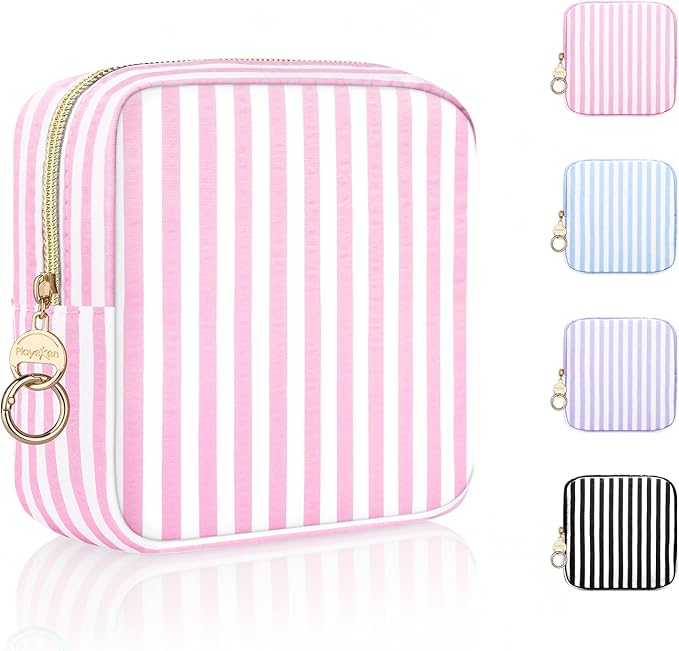 Stripes Period Bag, Small Period Pouches for Teen Girls, Quilted Sanitary Napkin Storage Bag, Compact Discreet Pad and Tampon Holder for Purse (Large Stripes-Pink)