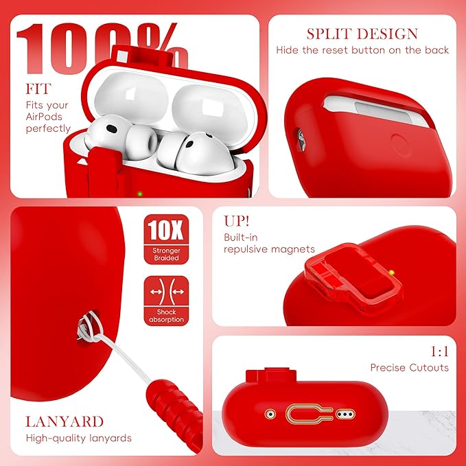 R-fun for AirPods Pro 3 Case with Cleaning Kit, Soft Liquid Silicone Rubber Protective Cover, Compatible with AirPods Pro 3rd Generation Case (2025), Compatible with MagSafe, Red