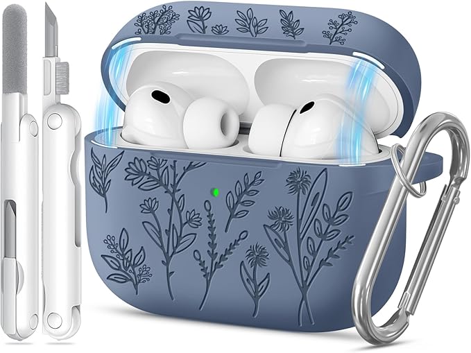 for Airpods Pro 3 Case with Magnetic Lid, Flower Engraved Cases for Apple AirPods Pro 3rd Generation 2025, Soft Silicone Cover for Women Girly with Cleaner & Keychain, Shockproof