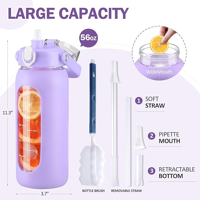 56oz Glass Water Bottles with Straw, Motivational Glass Bottle with Silicone Sleeve and Time Marker, Leakproof Large Glass Water Jug for Gym Home Office,Purple
