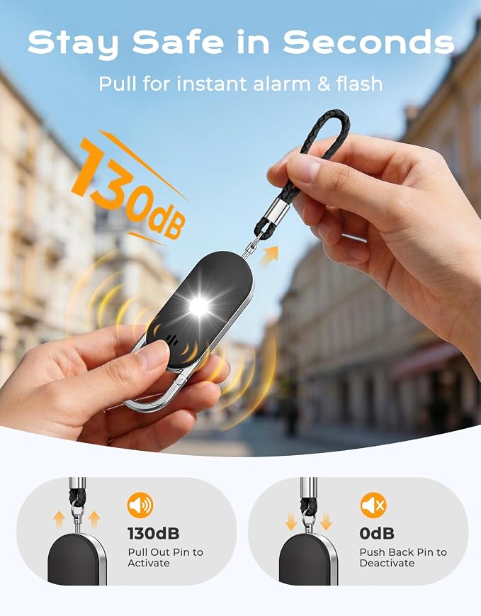 ISEYOU Personal Safety Alarm, 130dB Double Speakers Personal Alarms for Women, Strobe Light and Low Battery Notice, Rechargeable Self Defense Keychain for Seniors College Girls Gift