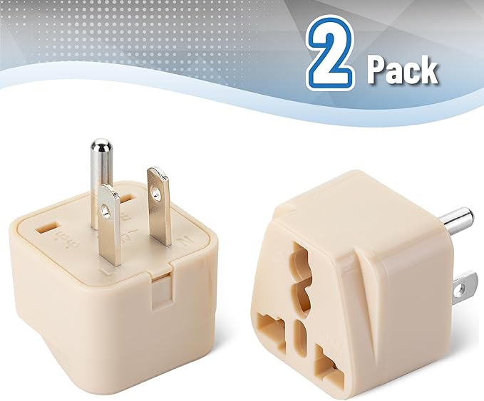 Bates- Universal Travel Plug Adapter, 2 Pack, Beige, Converts EU/UK/AU/Asia Plugs to USA Outlet, Europe to US Plug Adapter, UK to US Outlet, Compact Design for Home, Office