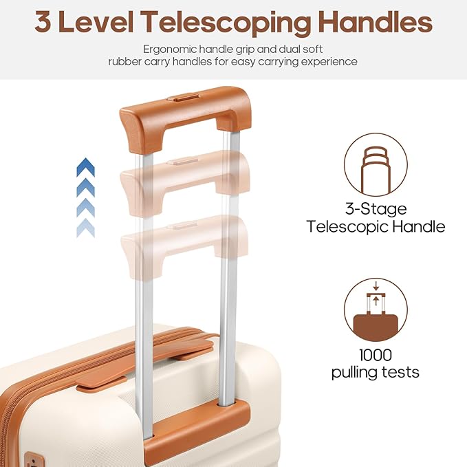 UKEIN Luggage Sets 3 Piece, PC Hardside Carry On Luggage 20 Inch With Spinner Wheels with TSA Lock, Carry On Suitcase Set With Travel Backpack for Men (Beige, 3 piece set (20/24/28inch))