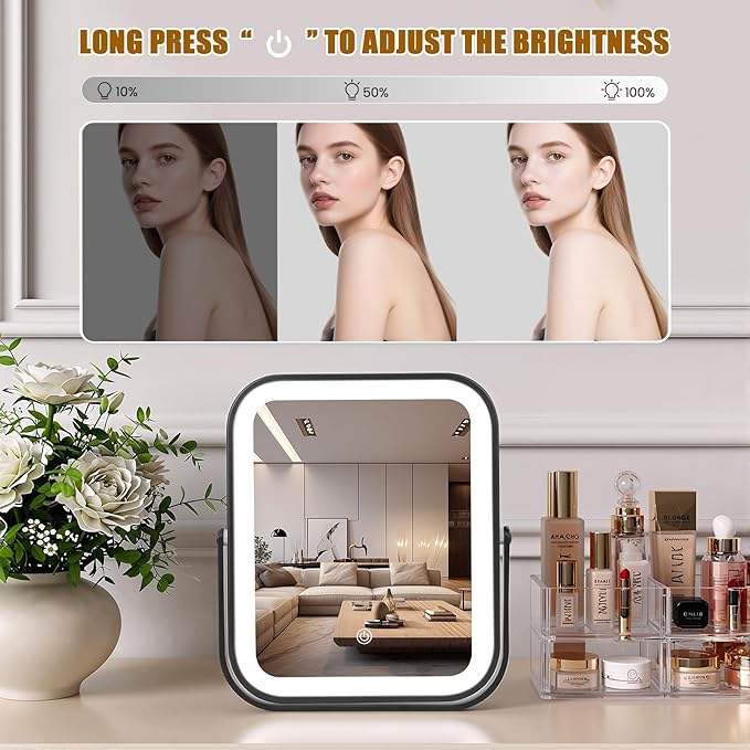 Rechargeable Vanity Mirror with Lights, 10"×8" Makeup Mirror with Lights, 1500mAH Battery, Smart Touch with 3-Color Lighting, Dimmable, HD Desk Mirror, Women Gift, Travel Essentials (Black)