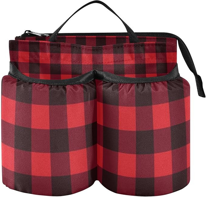 Luggage Cup Holder for Suitcases Free Hands Suitcase Cup Holder Travel Luggage Drink Holder Portable Luggage Cup Caddy Bag Carrier with Handle Red and Black Buffalo Plaid