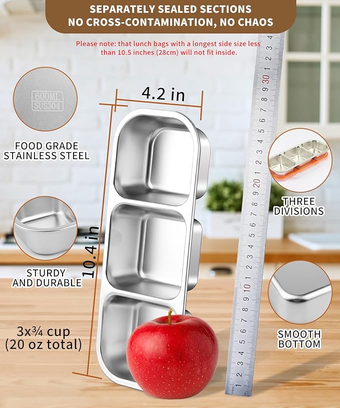JUJOJB Snack Containers, 4 Pack Stainless Steel Bento Box With Lids,Leak Proof Metal Lunch Box with 3 Compartments,Reusable Lunch Meal Prep Containers for office,Work,Travel For Adults Little One