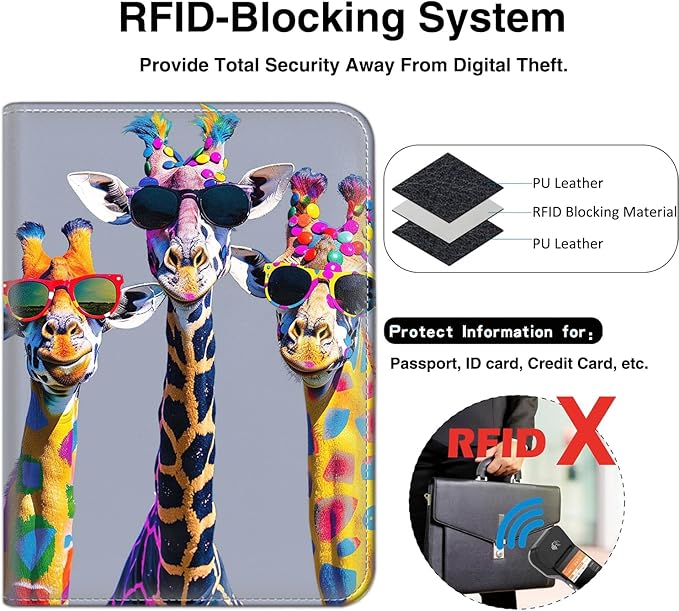 Passport Wallet, Passport Holder with RFID Blocking and Luggage Tag, Waterproof PU Leather Travel Documents Organizer Case, Passport Covers with Card Slot for Women & Men, Cool Giraffes Passport Book